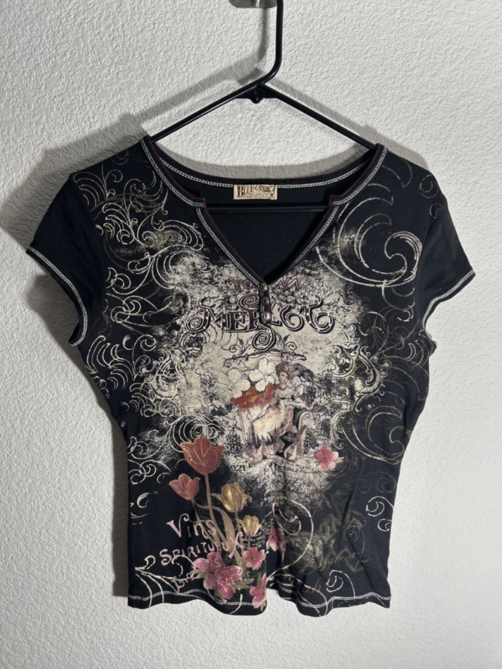 Blue Canyon Vintage Y2K Womens Medium Black Paris Split Henley Shirt